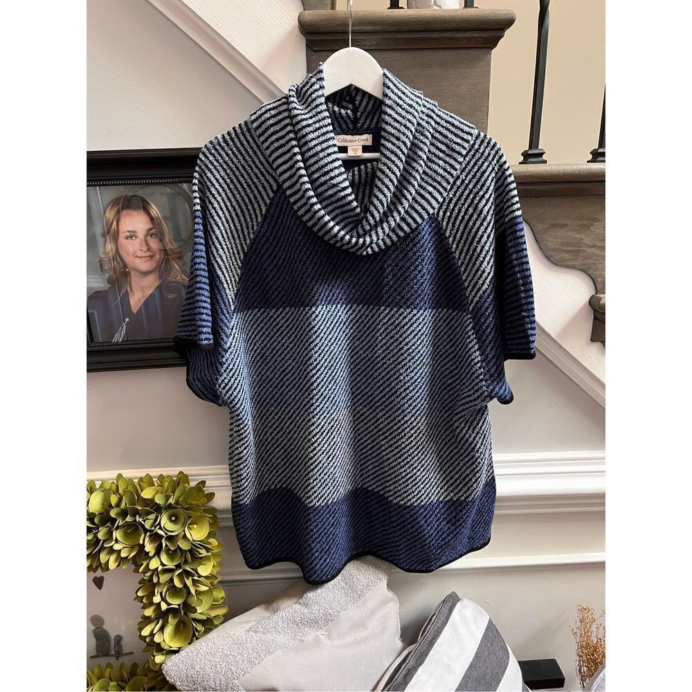 Coldwater Creek Blues & Black Striped Cowl Neck Short Sleeve Sweater sz M NWOT